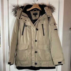 Bernardo Men's 1X Brown Parka Jacket w/ Fur Hood, Insulated, Waist Tie, Knit Hem